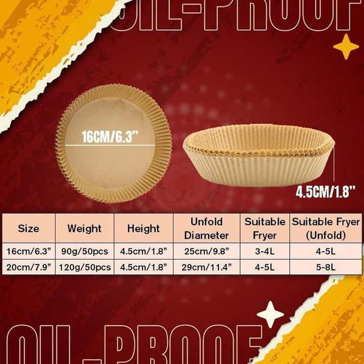 Parchment paper air fryer liners (50 count) in use, preventing food from sticking during cooking