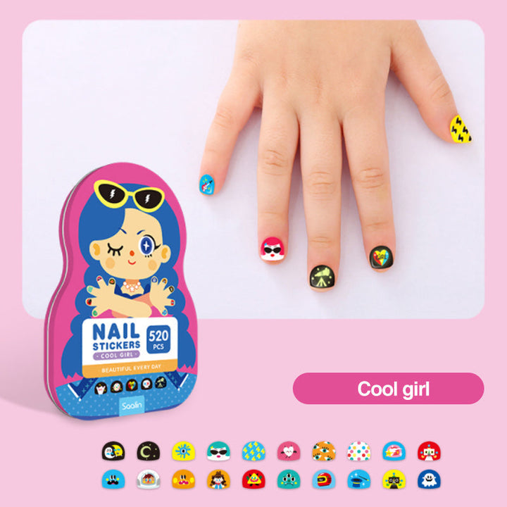 Girl proudly displaying her nails adorned with colorful Kids Fun Nail Art Decal Stickers
