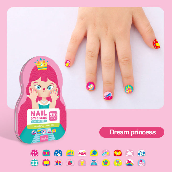 Assorted sheets of 520pcs safe nail art stickers for children, featuring cool girl designs