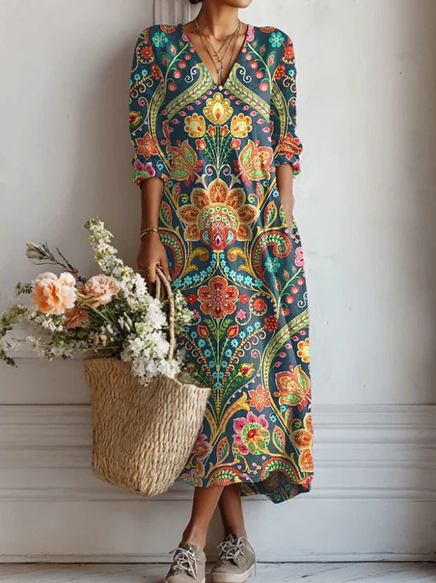 Women's Boho Floral V-Neck Pocket Midi Dress - Effortless Style