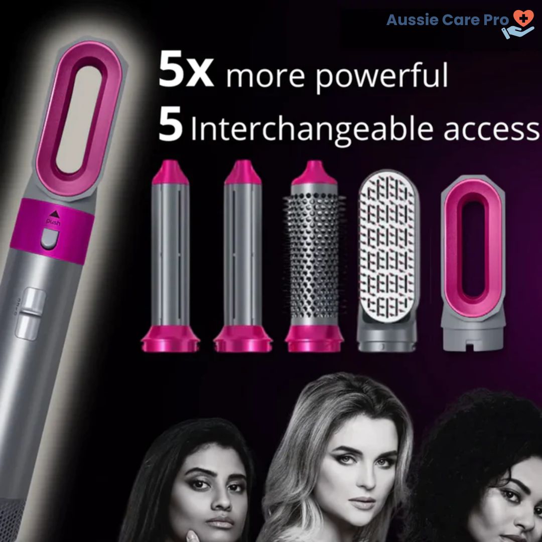 5-in-1 hair styler for women, sleek design, silver and purple, curls, straightens, dries, volumises for salon-quality styles.