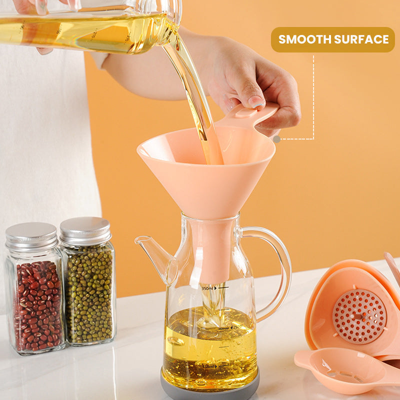 Kitchen funnel set featuring a detachable strainer for food and an egg separator tool