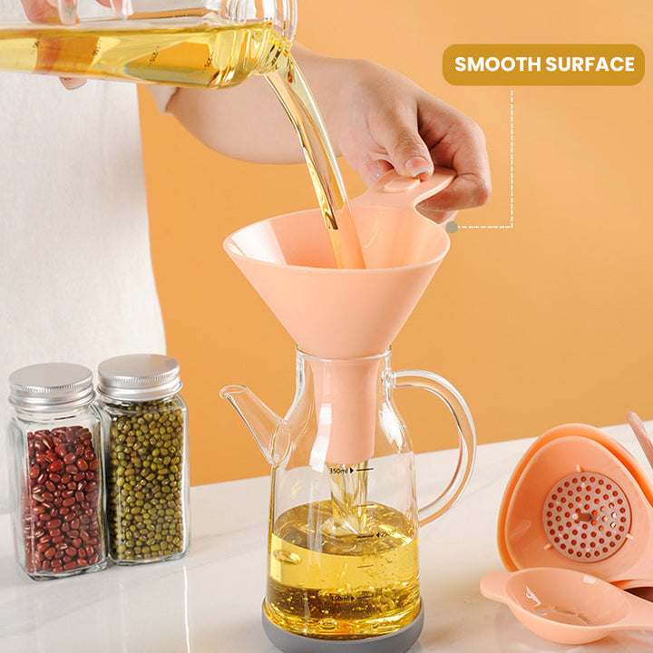 Kitchen funnel set featuring a detachable strainer for food and an egg separator tool
