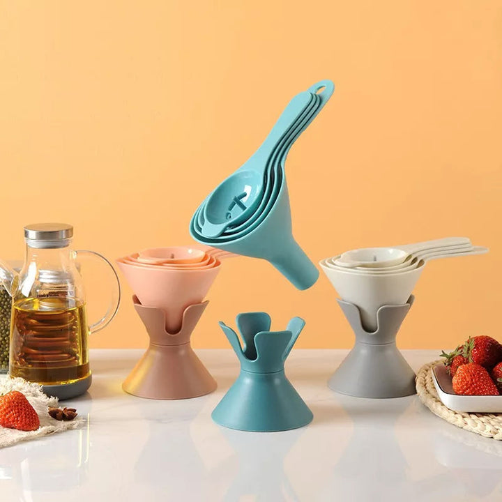 Kitchen funnel set demonstrating the egg separator function for baking & cooking prep