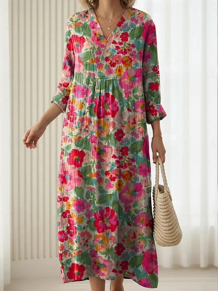 Women's Boho Floral V-Neck Pocket Midi Dress - Effortless Style