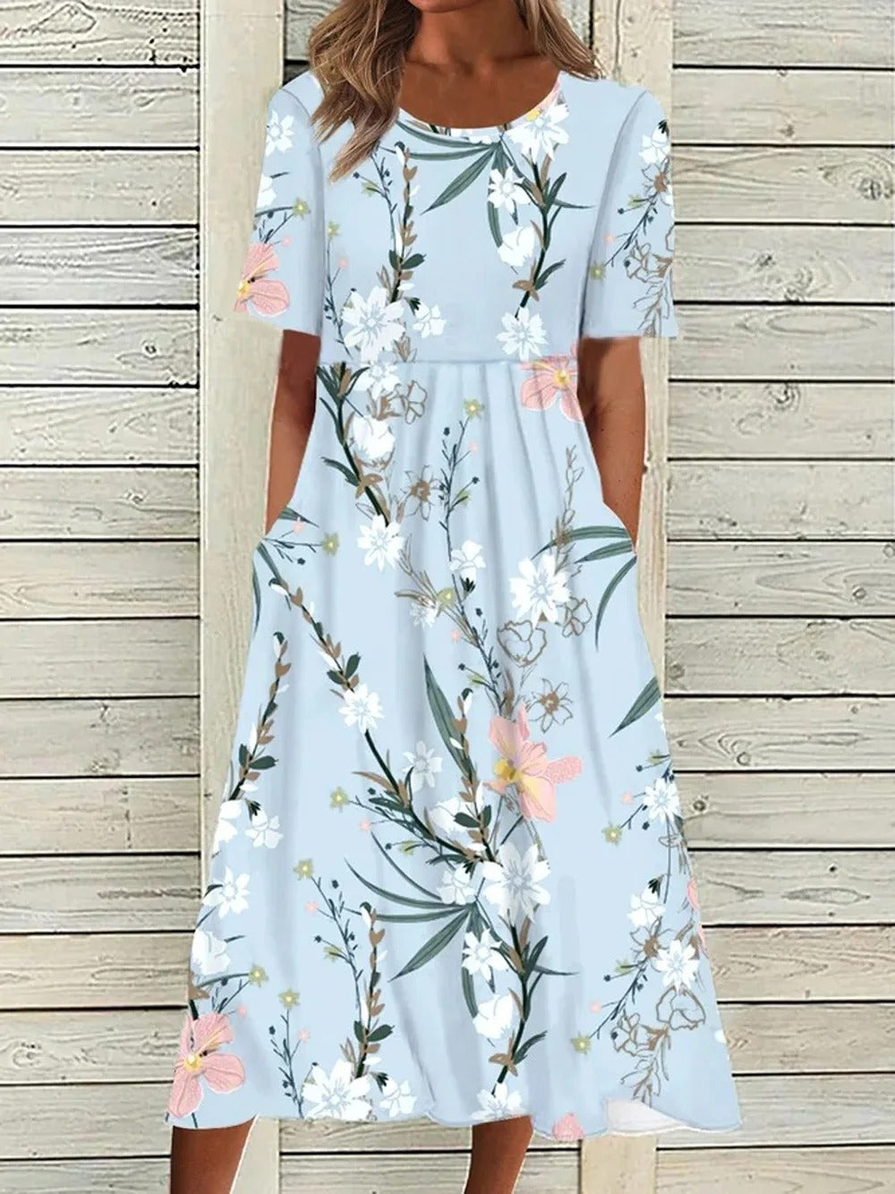 Women's Elegant Botanical Midi Dress - Crew Neck Half Sleeve