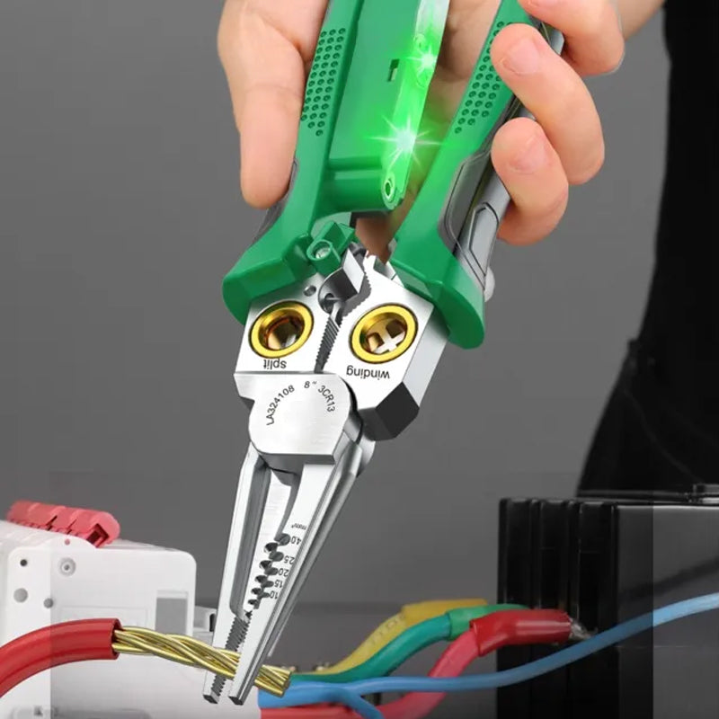 Angle view of the 7-in-1 professional wire stripper, showcasing all features