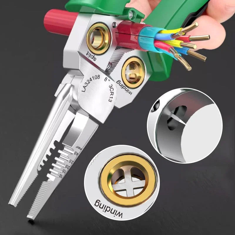 Wire stripper multi-tool in action, demonstrating its precision cutting ability