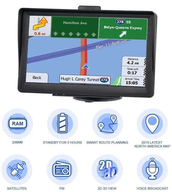 Truck GPS Navigation system with a bright 7-inch display, showing a detailed map for professional drivers.