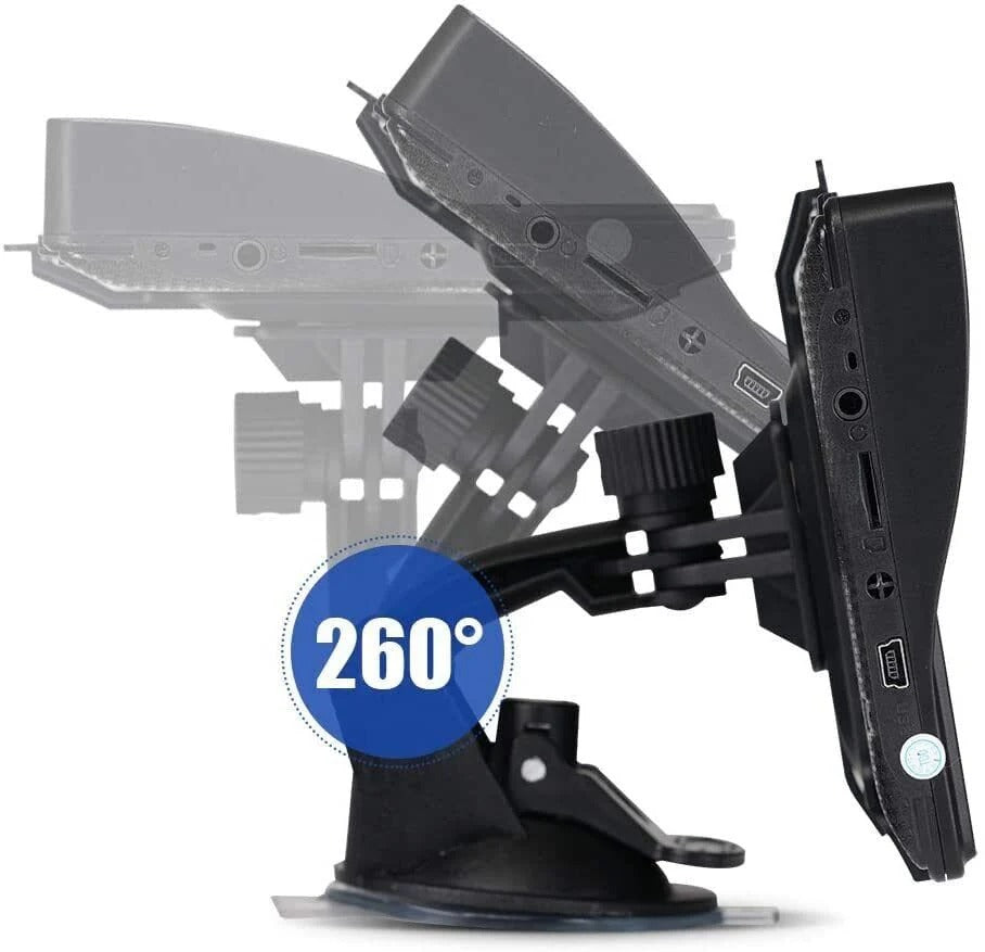 Satellite navigator for vehicles, 7-inch screen displaying turn-by-turn directions and speed limits.