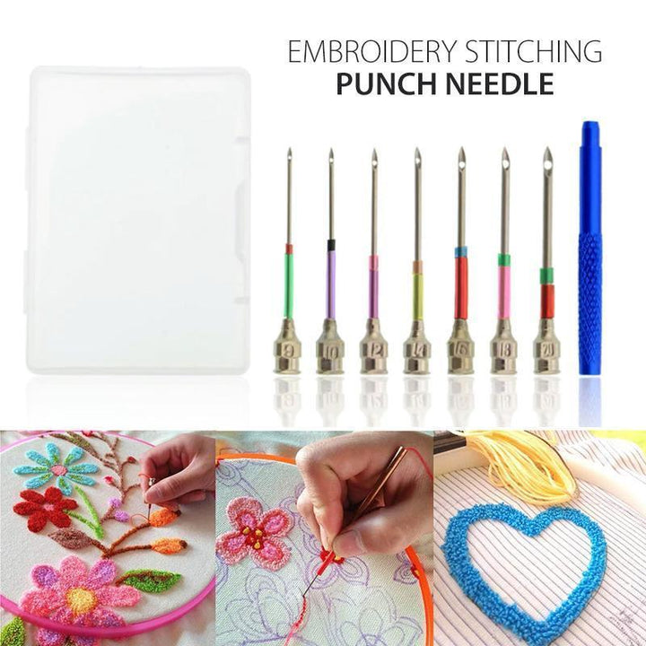 7-piece punch needle embroidery set for textile art, including various needle sizes and threaders.