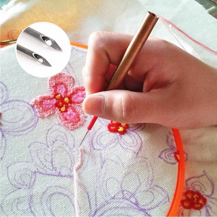Crafting punch needle kit with ergonomic wooden handle, perfect for DIY embroidery projects.