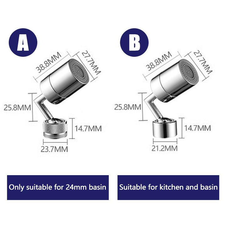 Universal splash filter faucet aerator, dual spray modes, for kitchen and bathroom fixture