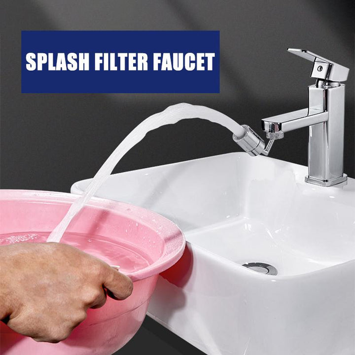 Water stream from a 720 degree rotating kitchen faucet aerator with built-in splash filter