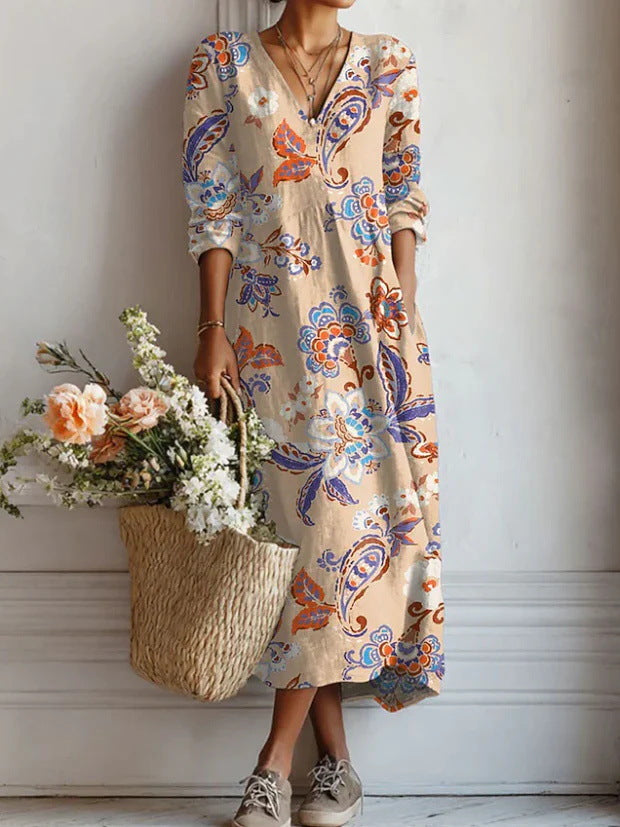Women's Boho Floral V-Neck Pocket Midi Dress - Effortless Style