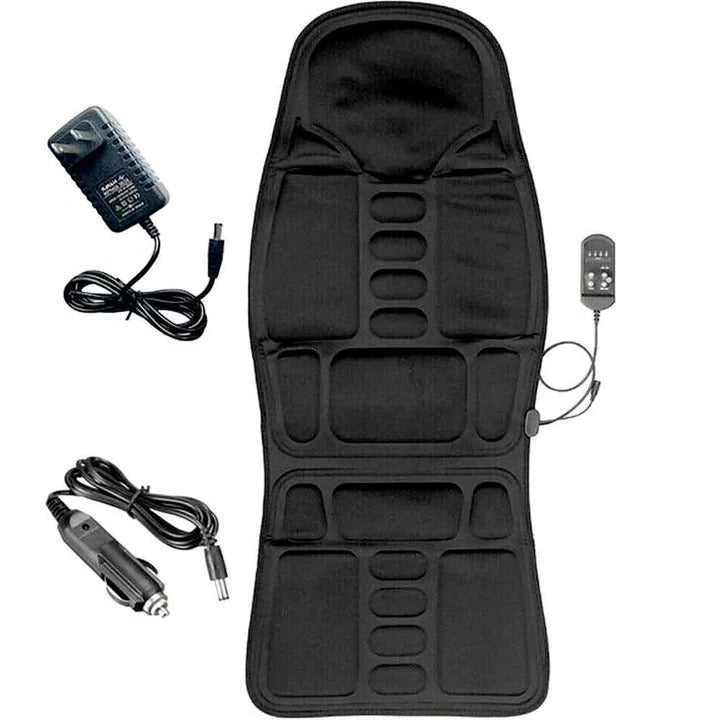 Portable heated massage cushion for car or home, soothing back & neck muscle tension.