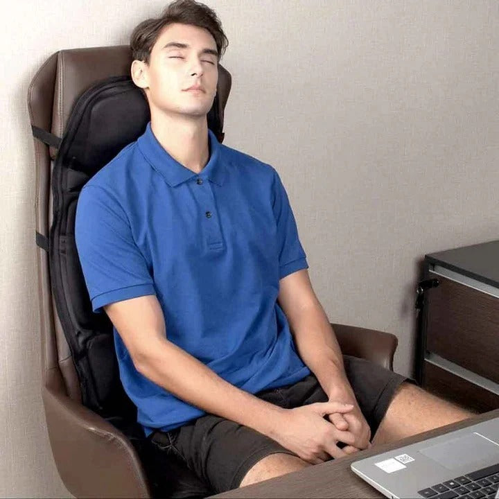 Heated neck & back massager cushion provides stress relief & muscle relaxation.
