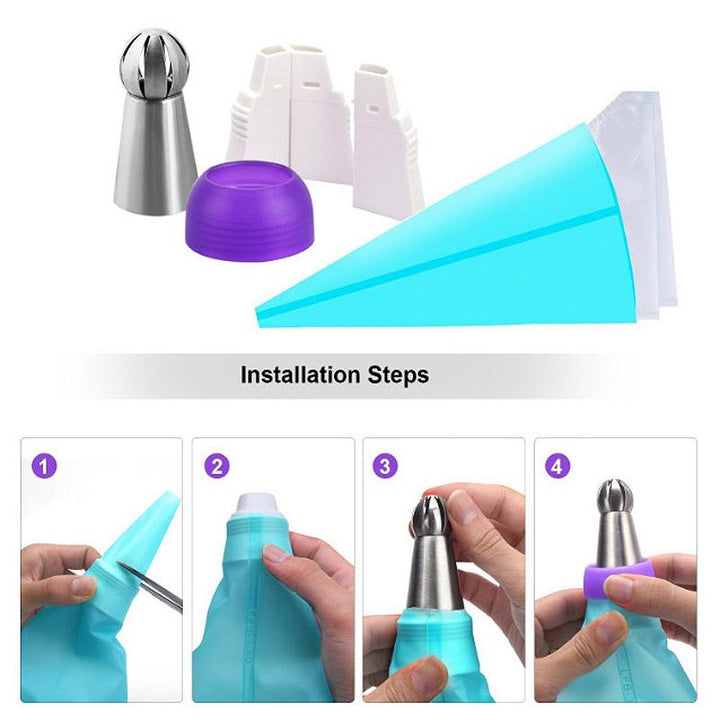 Complete 8-piece cake decorating set with icing nozzles and pastry tools for baking.