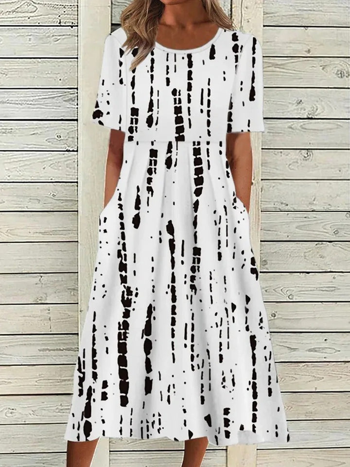 Women's Elegant Botanical Midi Dress - Crew Neck Half Sleeve