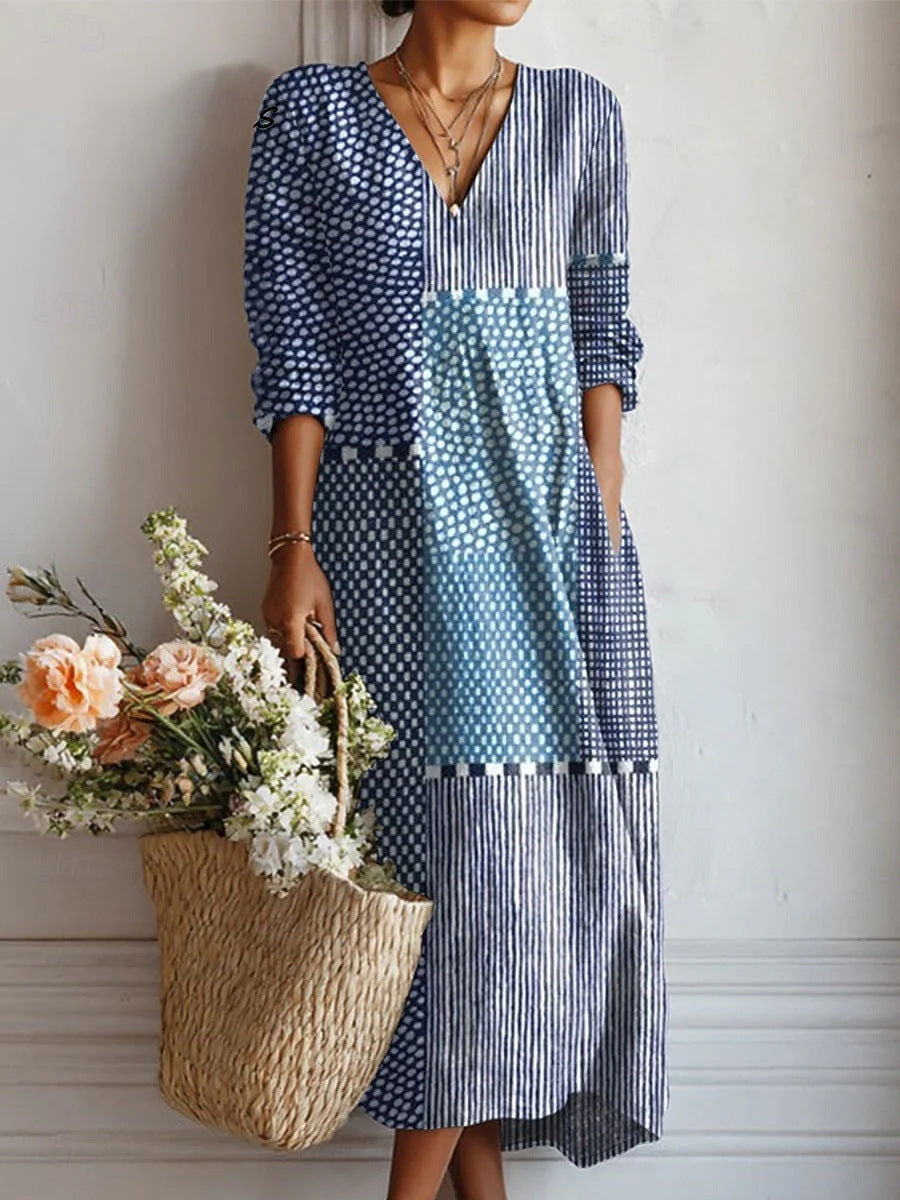Women's Boho Floral V-Neck Pocket Midi Dress - Effortless Style