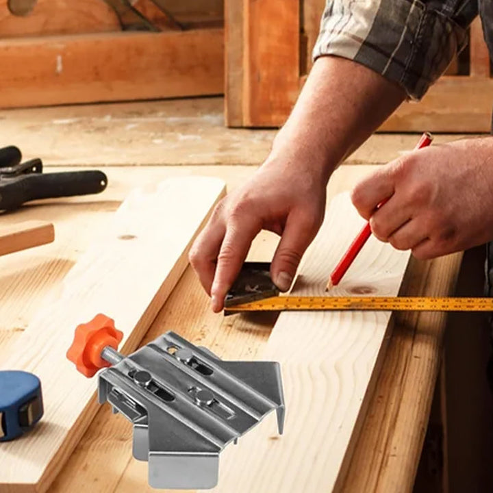 Assembly in progress using a woodworking 90-degree angle clamp, ensuring perfect corner alignment, hand tool