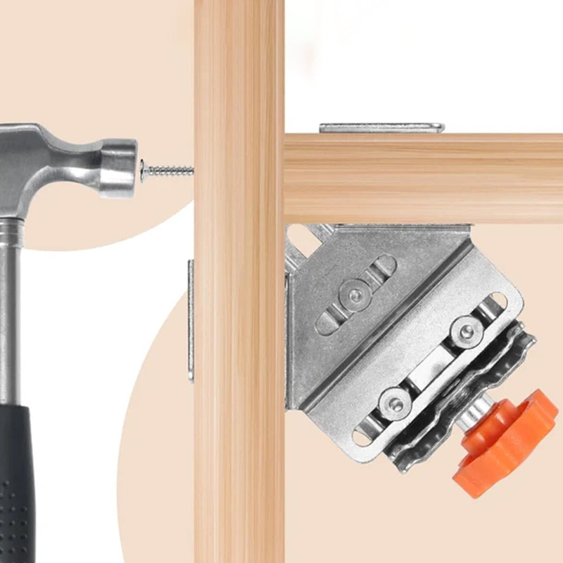 Two universal woodworking angle clamps securing wood pieces at a perfect 90-degree for building projects