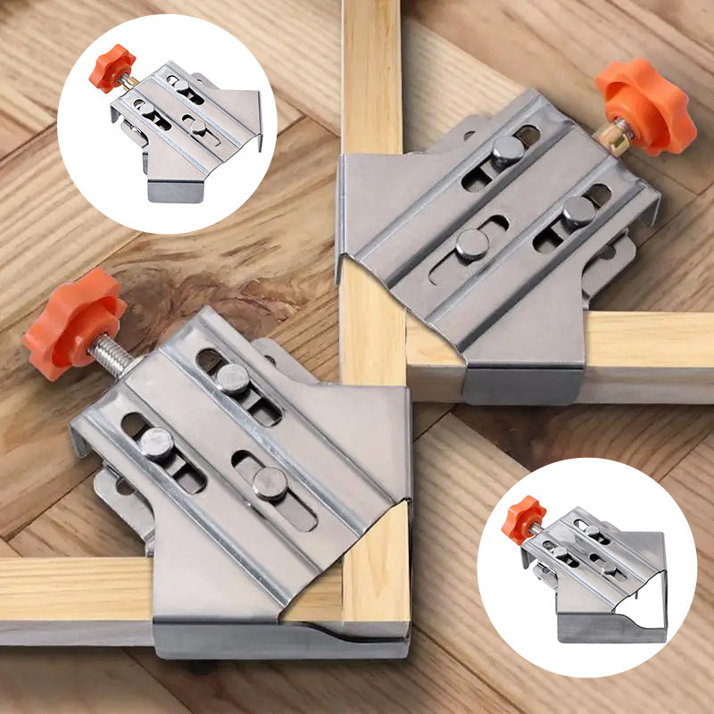 Woodworking clamp holding two wooden boards at a precise 90-degree angle for easy assembly, hand tool