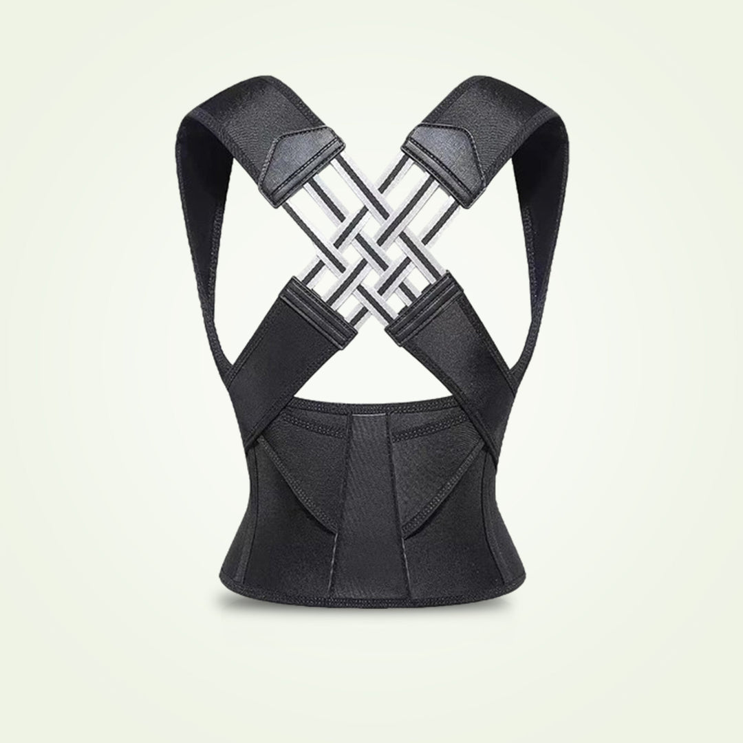 "Adjustable back support belt with massage roller for men and women shown in lifestyle setting, enhances posture and comfort.