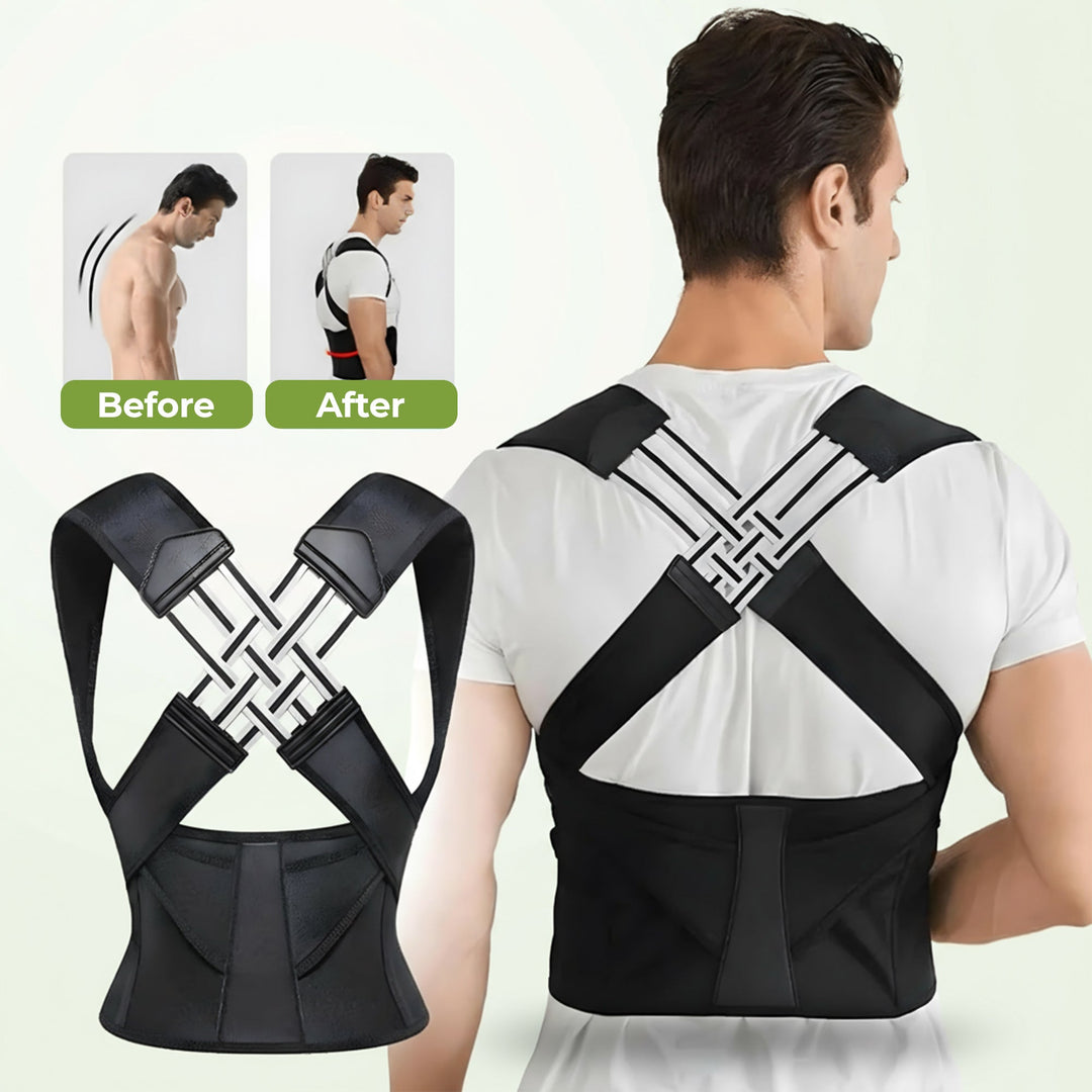 "Adjustable back support belt with massage roller for men and women shown in lifestyle setting, enhances posture and comfort.