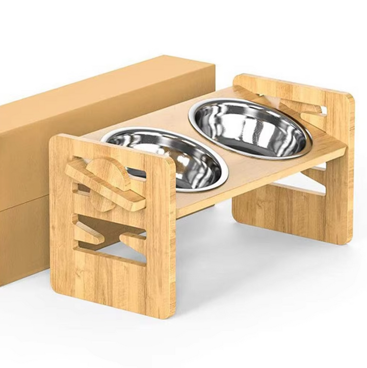 Adjustable elevated pet feeding station with stainless steel bowls, wooden frame, ergonomic design, suitable for all pet size