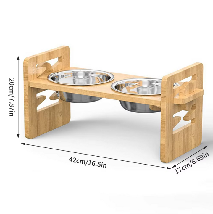 Adjustable elevated pet feeding station with stainless steel bowls, wooden frame, ergonomic design, suitable for all pet size