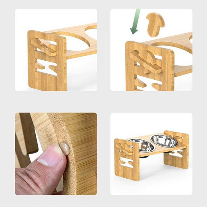 Adjustable elevated pet feeding station with stainless steel bowls, wooden frame, ergonomic design, suitable for all pet size