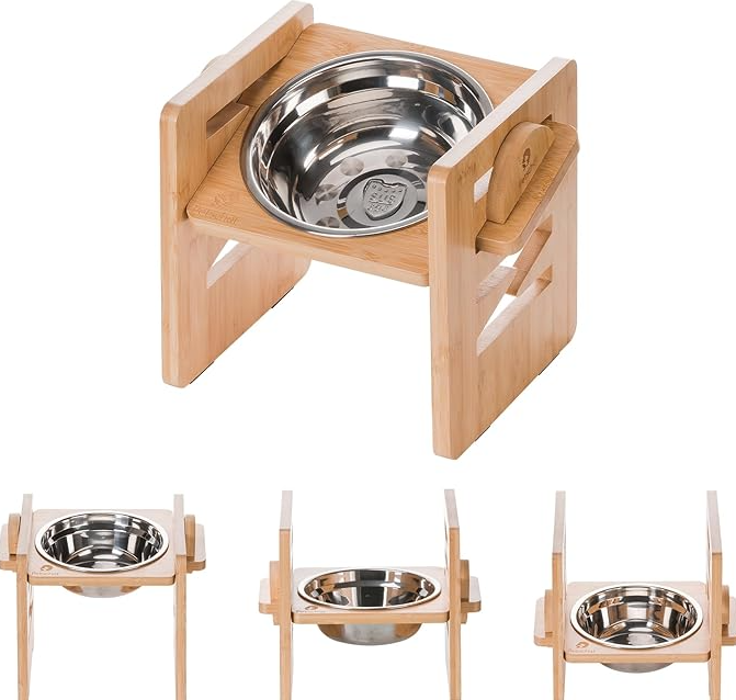 Adjustable elevated pet feeding station with stainless steel bowls, wooden frame, ergonomic design, suitable for all pet size