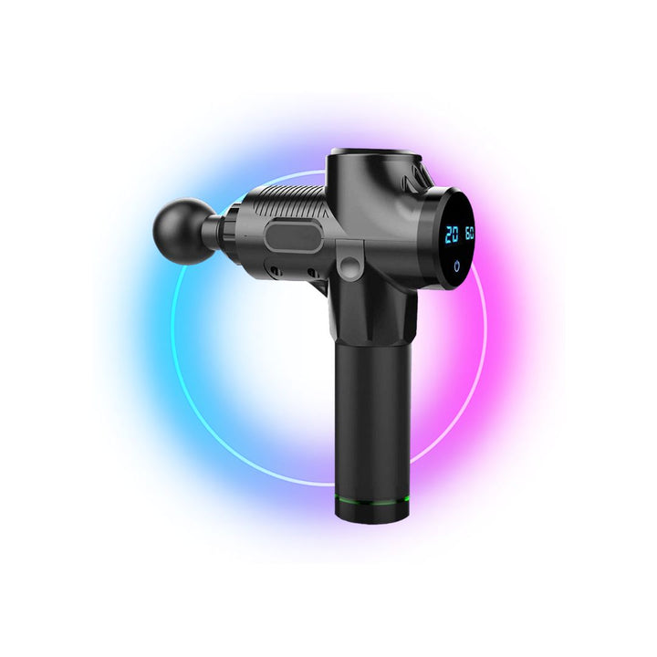 "Advanced deep tissue massage gun for muscle recovery with sleek design and multiple attachments, ideal for athletes."