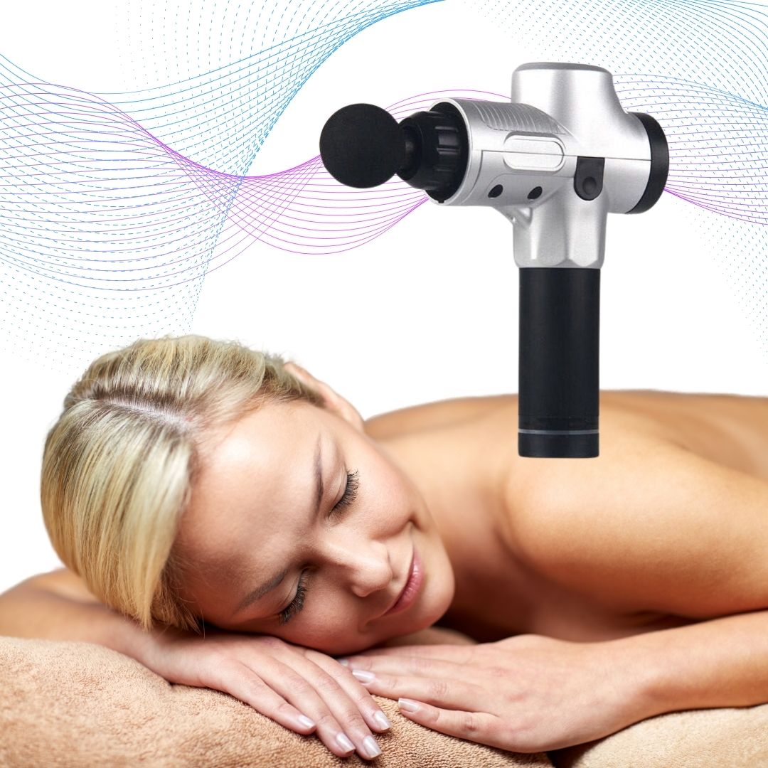 "Advanced deep tissue massage gun for muscle recovery with sleek design and multiple attachments, ideal for athletes."