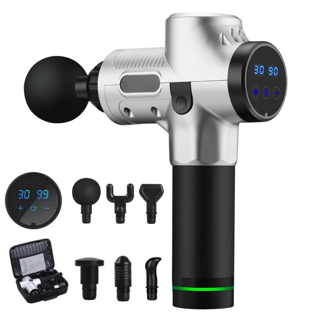 "Advanced deep tissue massage gun for muscle recovery with sleek design and multiple attachments, ideal for athletes."