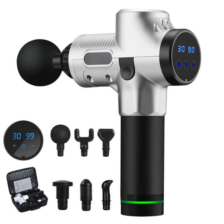 "Advanced deep tissue massage gun for muscle recovery with sleek design and multiple attachments, ideal for athletes."