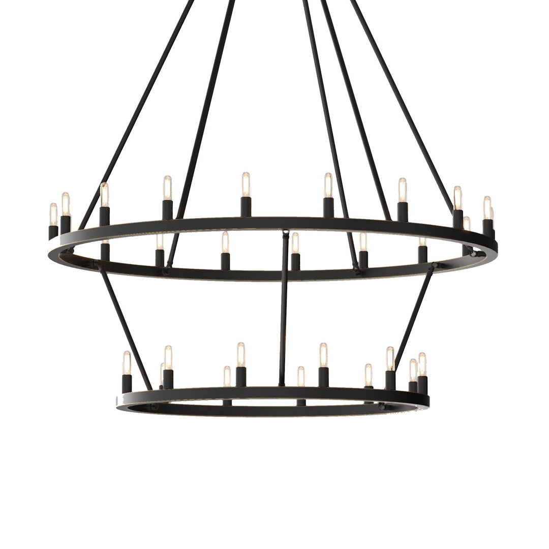 "Antique bronze 30-light wagon wheel chandelier, rustic elegance for dining rooms and kitchens, solid metal craftsmanship."