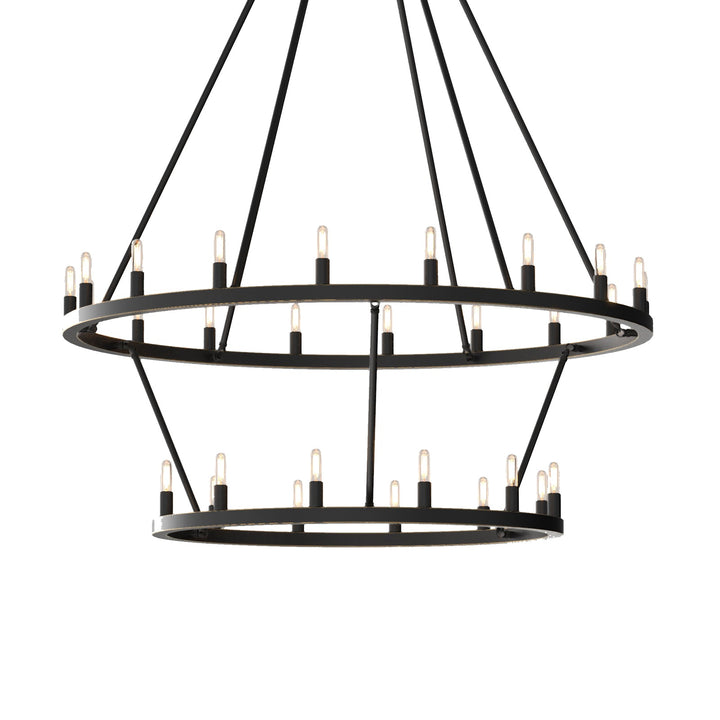 "Antique bronze 30-light wagon wheel chandelier, rustic elegance for dining rooms and kitchens, solid metal craftsmanship."