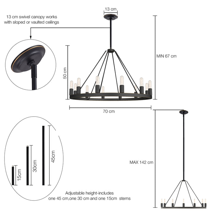 "Antique bronze wagon wheel chandelier with 12 lights, circular frame, exposed bulbs, adds classic elegance to any space."