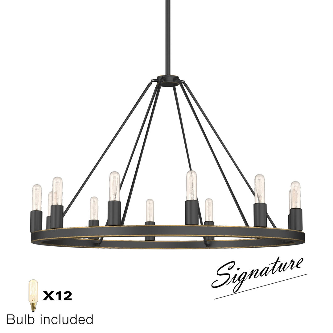 "Antique bronze wagon wheel chandelier with 12 lights, circular frame, exposed bulbs, adds classic elegance to any space."