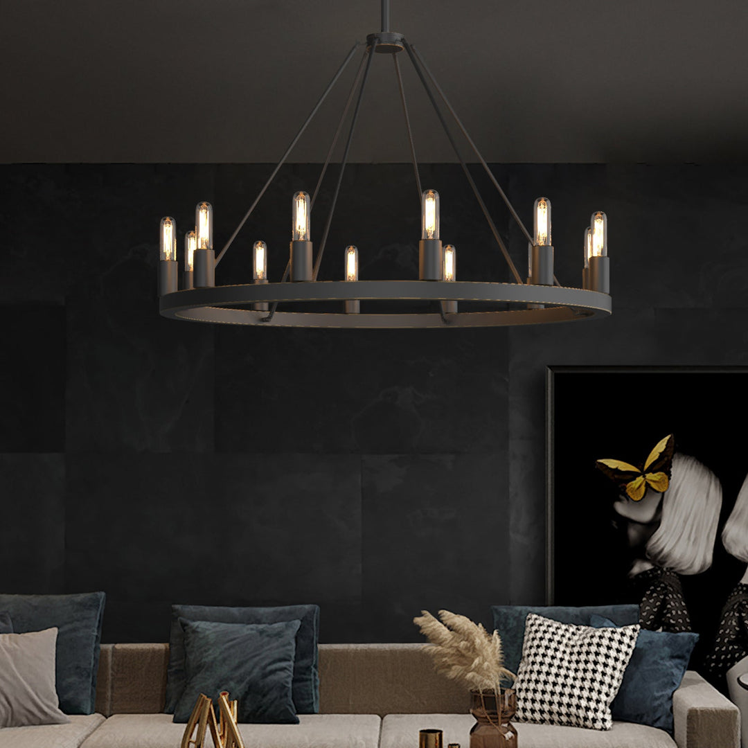 "Antique bronze wagon wheel chandelier with 12 lights, circular frame, exposed bulbs, adds classic elegance to any space."