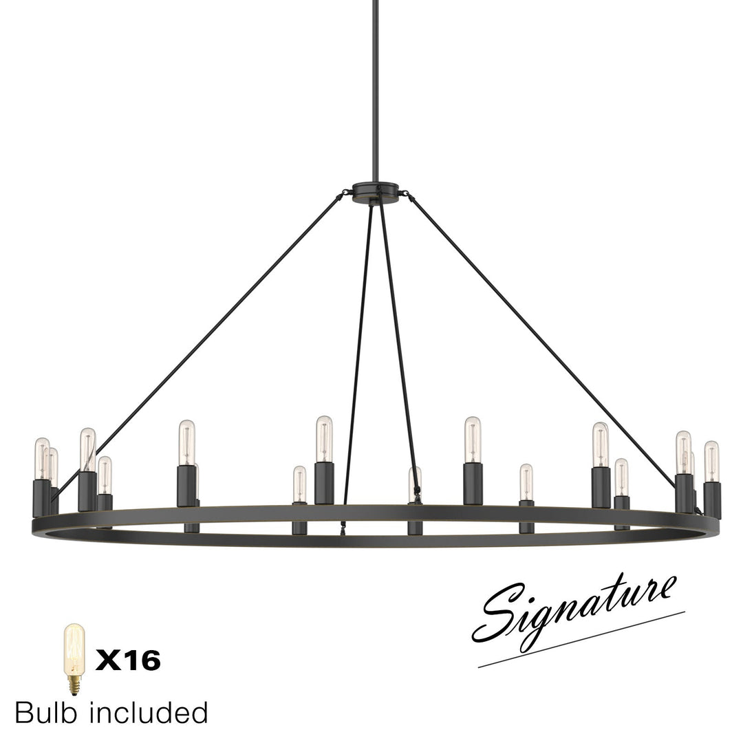 Antique bronze wagon wheel chandelier with 16 candle-style lights, rustic charm, industrial elegance in a classic design.