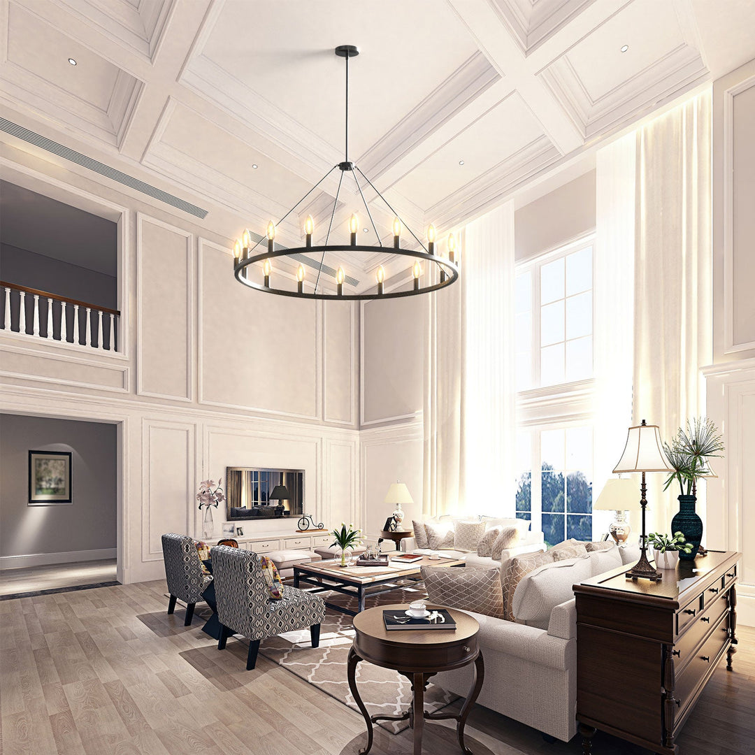 Antique bronze wagon wheel chandelier with 16 candle-style lights, rustic charm, industrial elegance in a classic design.