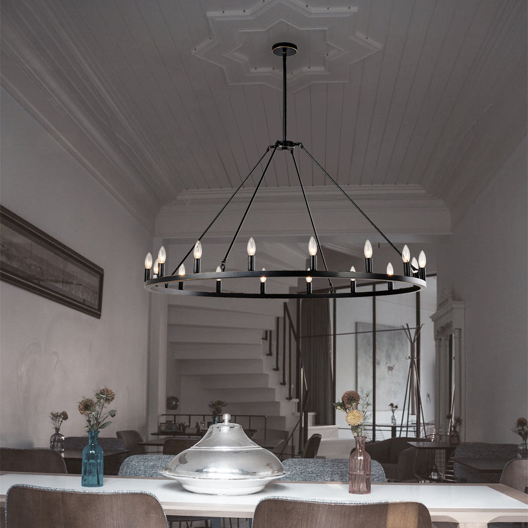 Antique bronze wagon wheel chandelier with 16 candle-style lights, rustic charm, industrial elegance in a classic design.