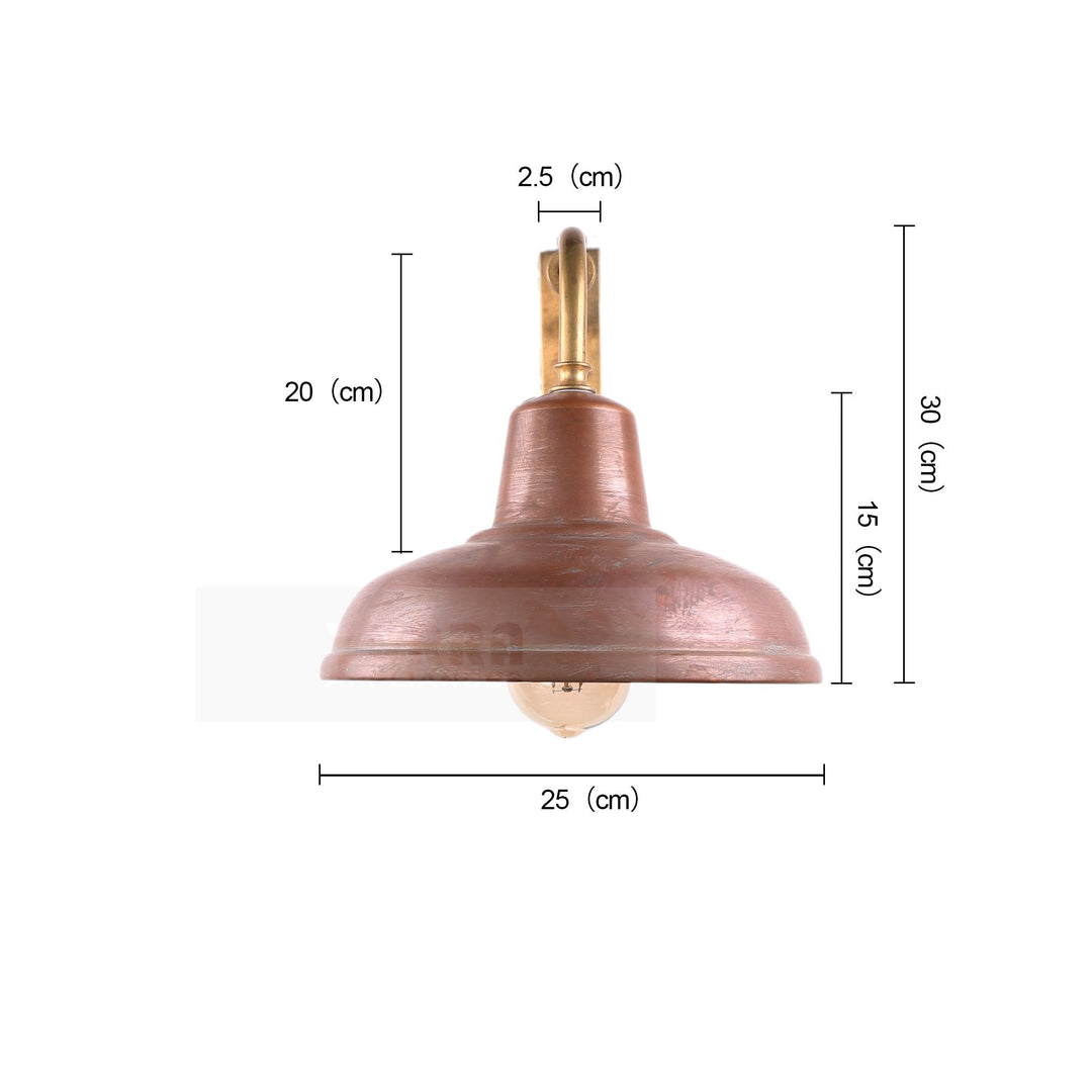 Antique copper wall lamp with aged finish, bell-shaped shade, perfect for indoor/outdoor use, E27 lighting option.