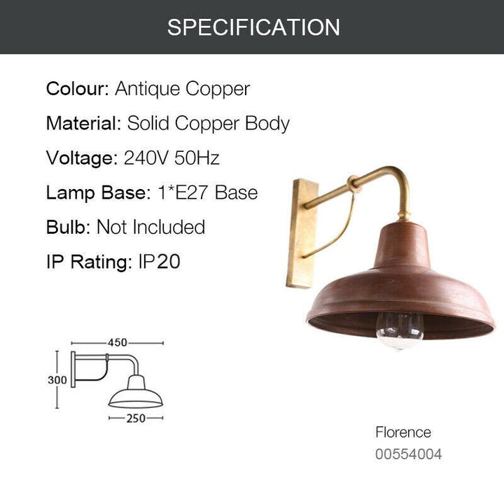 Antique copper wall lamp with aged finish, bell-shaped shade, perfect for indoor/outdoor use, E27 lighting option.