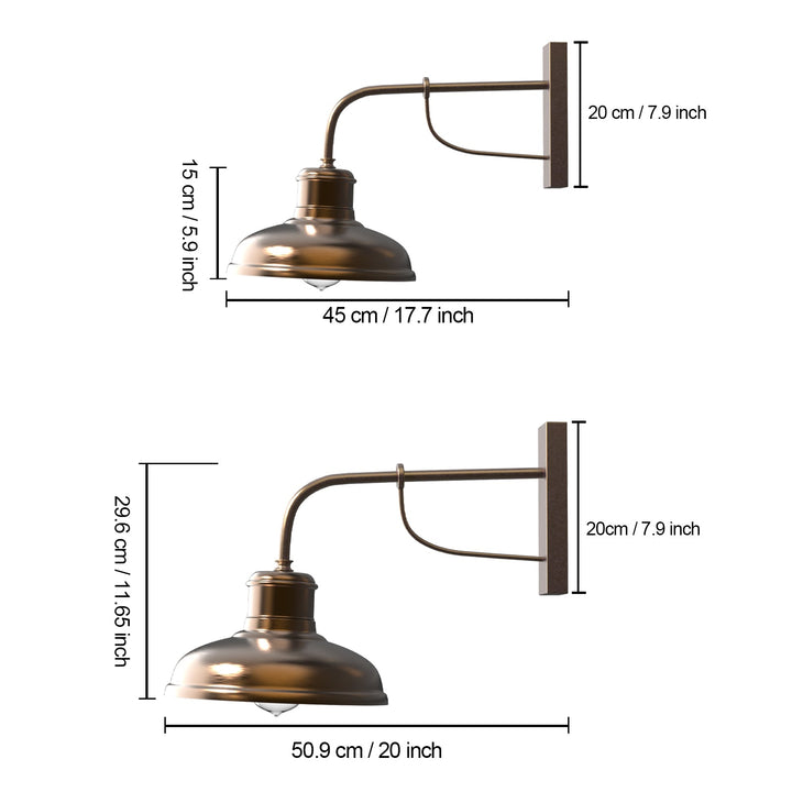 Antique copper wall lamp with aged finish, bell-shaped shade, perfect for indoor/outdoor use, E27 lighting option.