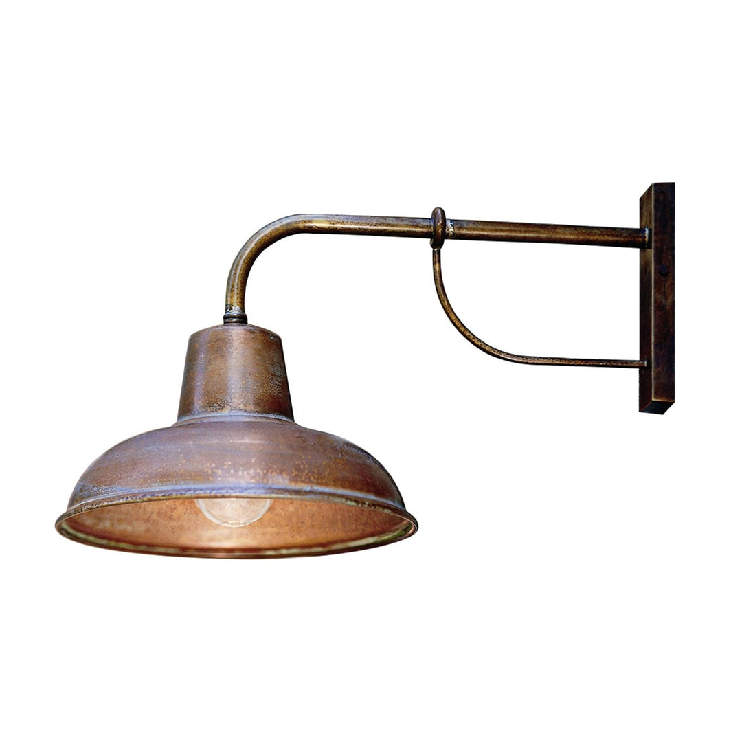 Antique copper wall lamp with aged finish, bell-shaped shade, perfect for indoor/outdoor use, E27 lighting option.