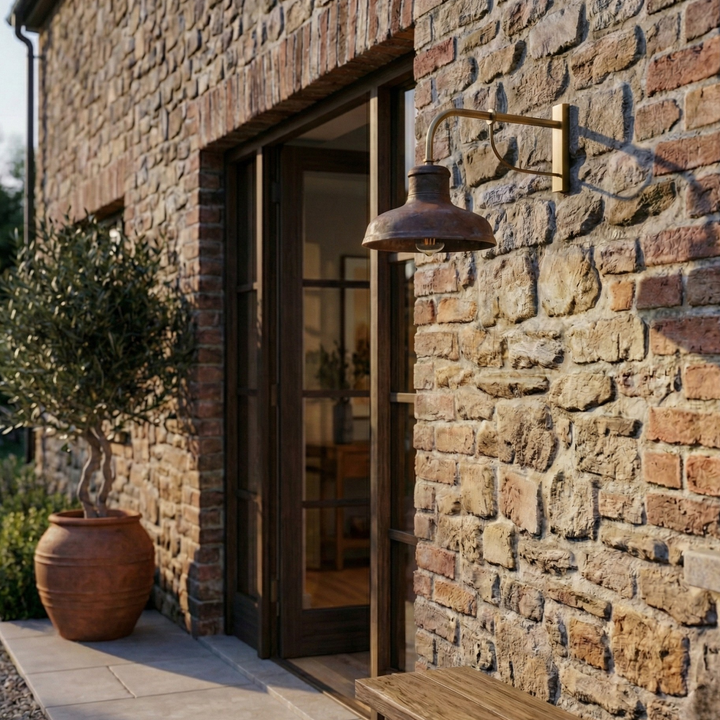 Antique copper wall lamp with aged finish, bell-shaped shade, perfect for indoor/outdoor use, E27 lighting option.